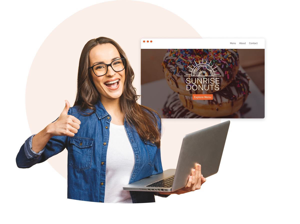 A happy small-business owner giving a thumbs up next to her new Sunrise Donuts website