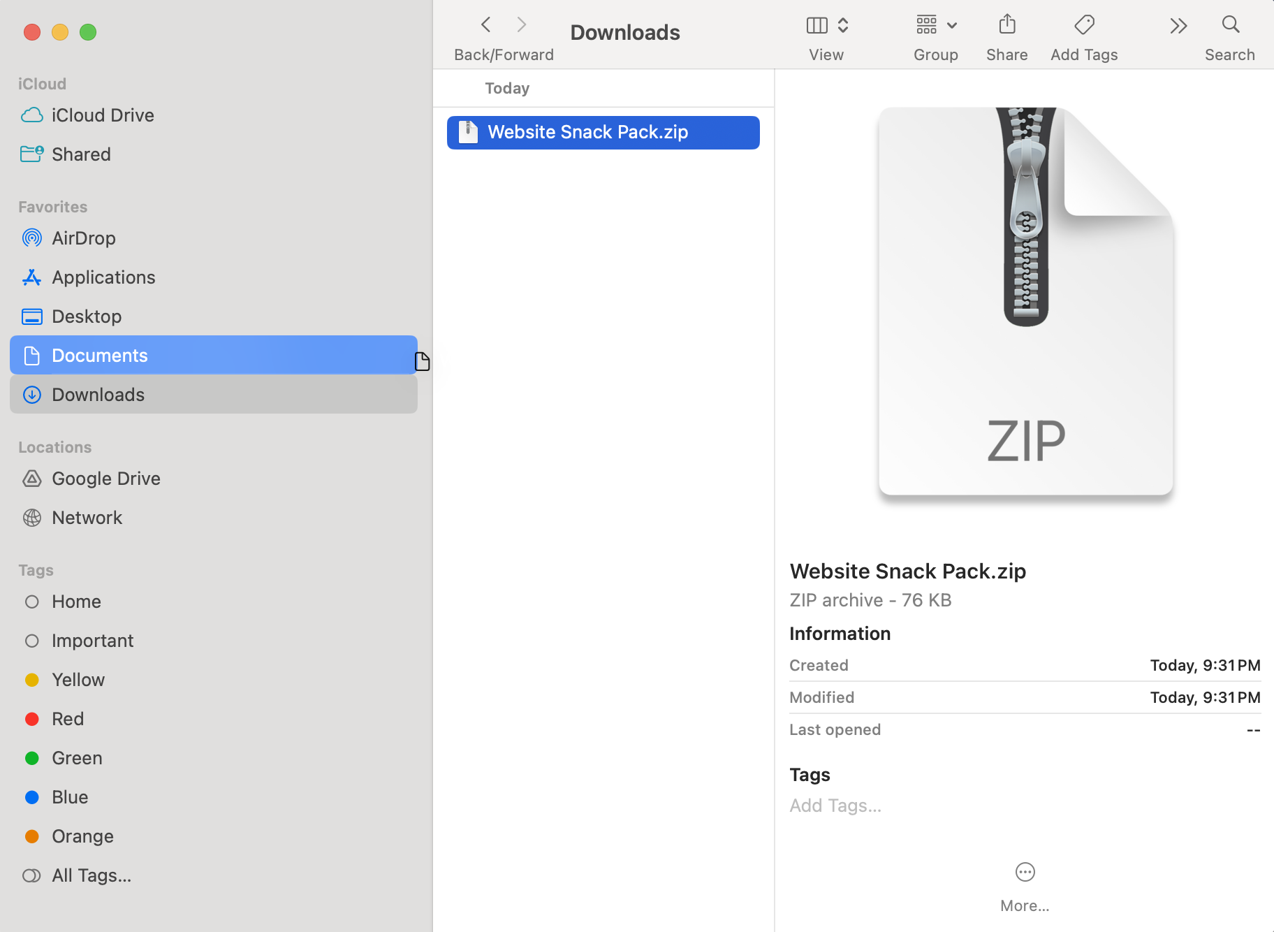 Drag Website Snack Pack.zip from Downloads to Documents
