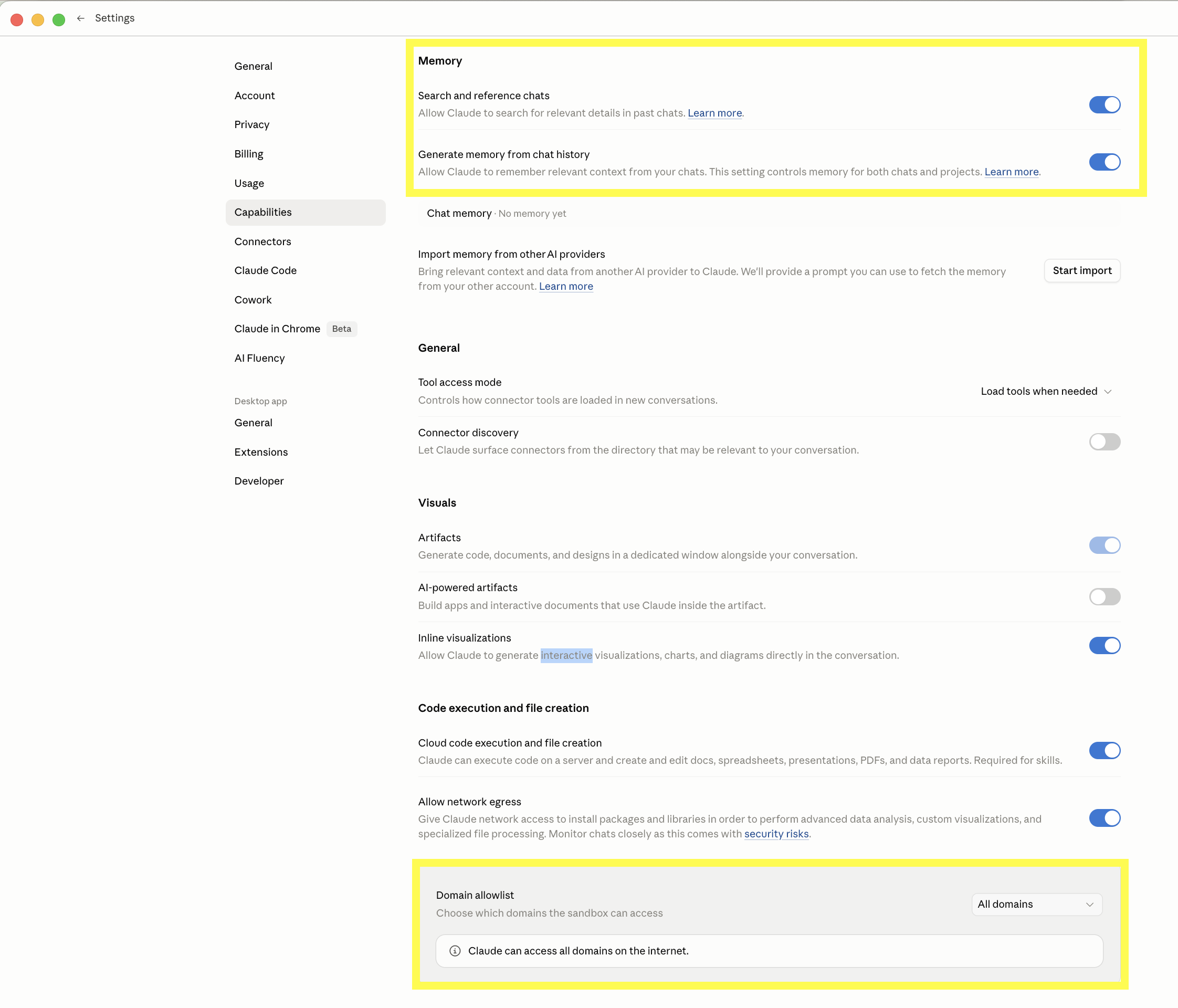 Claude Settings Capabilities with Memory on and Web access set to Allow all websites