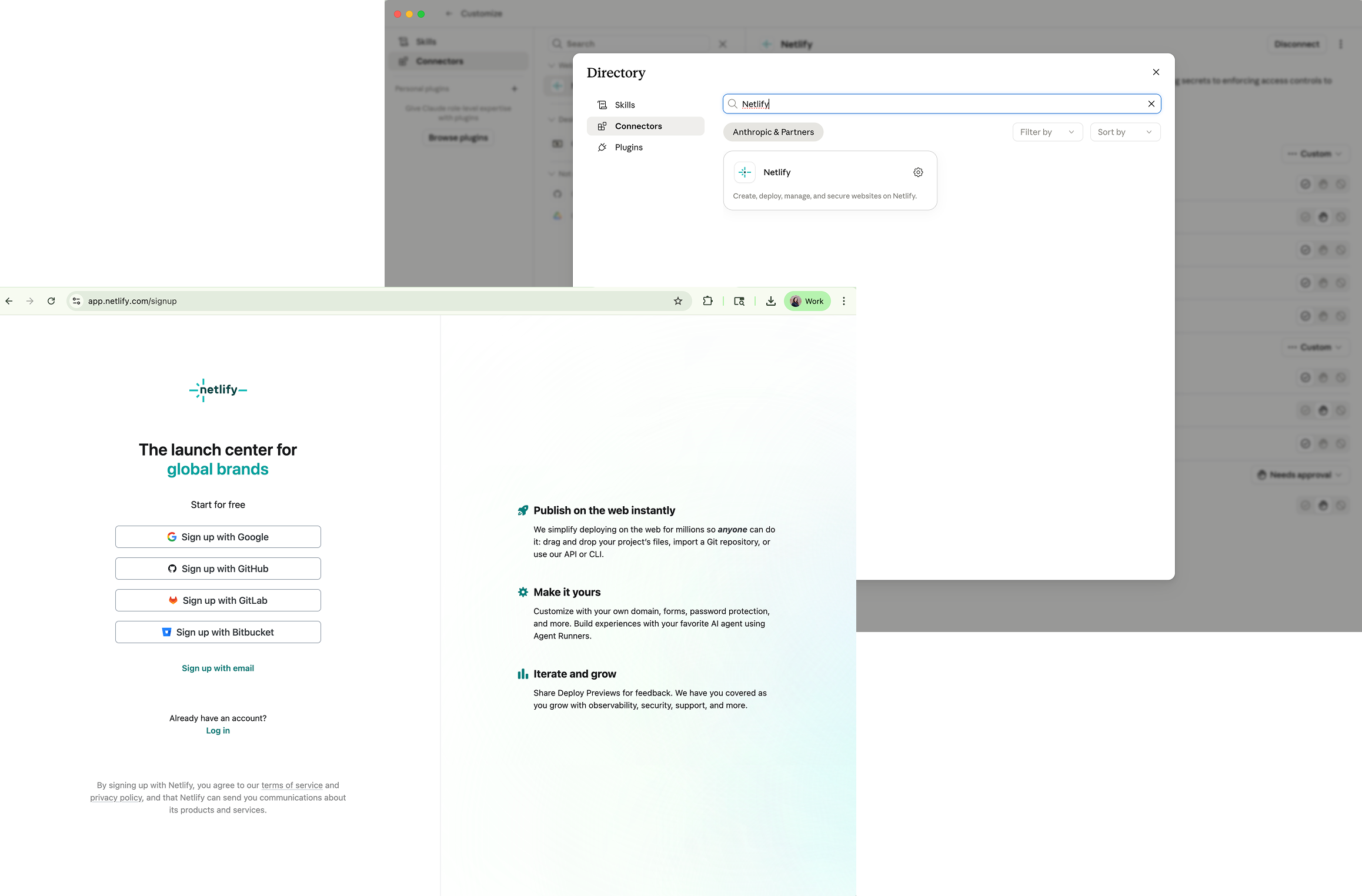 Netlify signup and Claude Settings Connectors showing Netlify connected