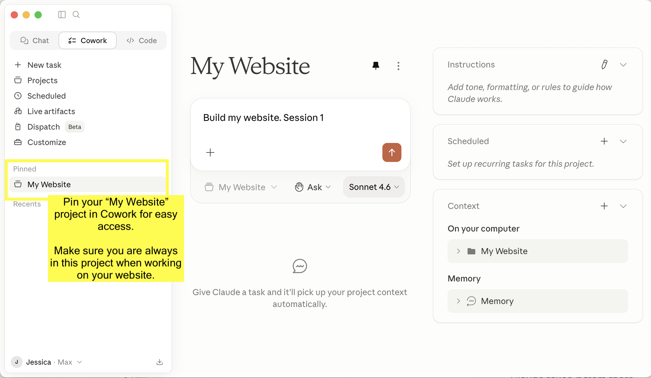 Fresh chat in My Website project with 'Build my website. Session 1.' in the input