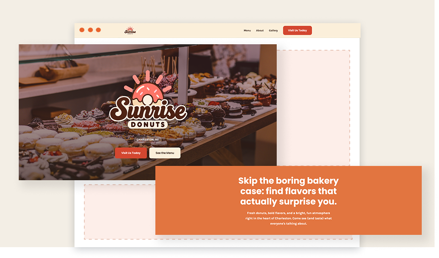 Preview of a Sunrise Donuts website being built, with a headline, photo, and layout taking shape