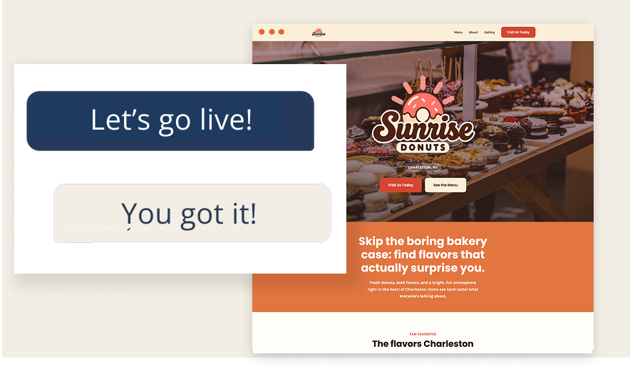 Claude confirming it's time to go live, with the finished Sunrise Donuts site ready behind it